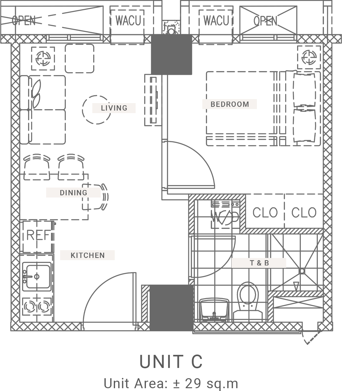 1 Bedroom Unit C (29 sqm)
