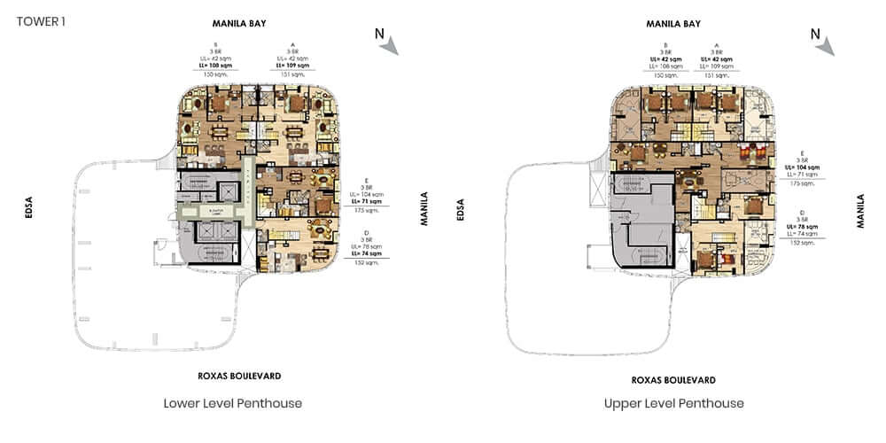 Tower 1 — Lower & Upper Level Penthouse (3BR)