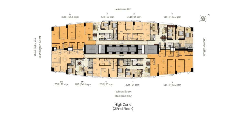 High Zone 32F — Units A–H (2BR–3BR)